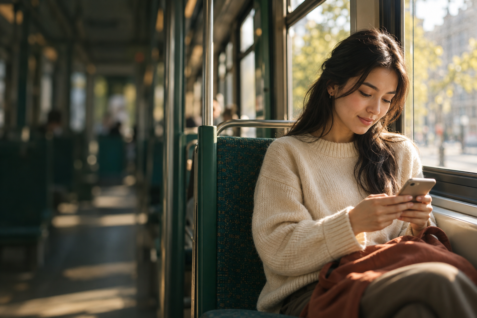 A learner taking a quiet moment with her phone on the tram