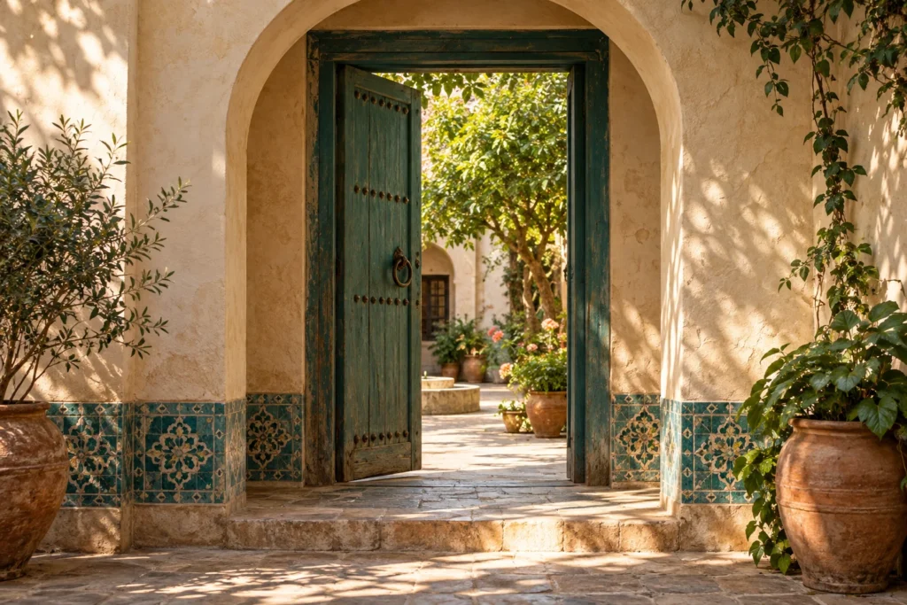 An open doorway into a sunlit courtyard