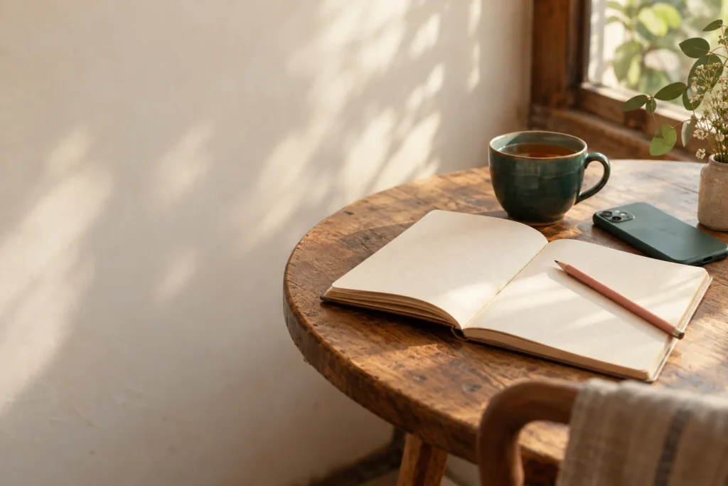 An open notebook and tea beside a window